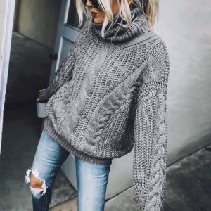 Women's Cable Knit Turtleneck Sweater, Classic Long Sleeve Winter Knitwear