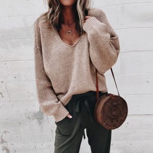 V-Neck Long Sleeve Sweater Casual Fashion Women's T-Shirt